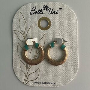 Bello Uno Worn Gold Blue Enamel Knife Edge Hoop Earrings